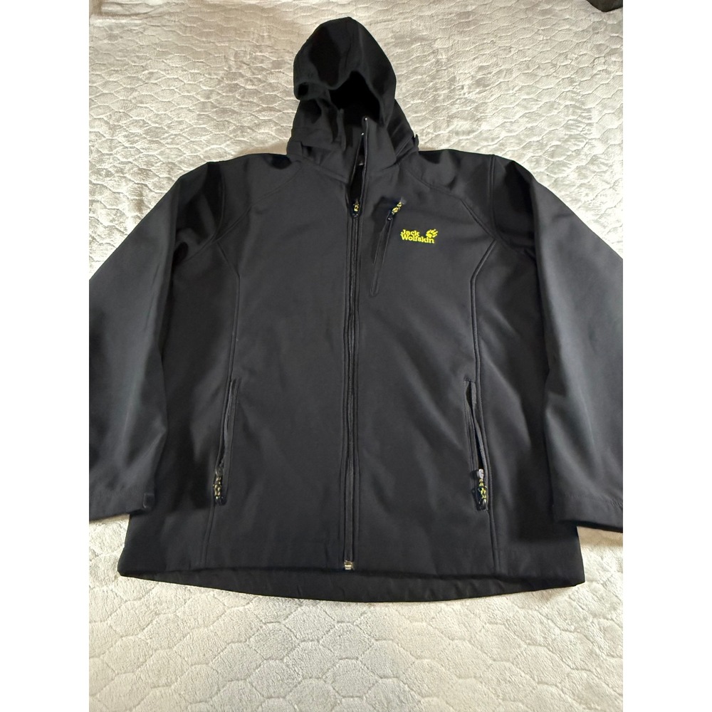 Jack Wolfskin Mens Black Softshell Fleece Lined Jacket Removable Hood Large